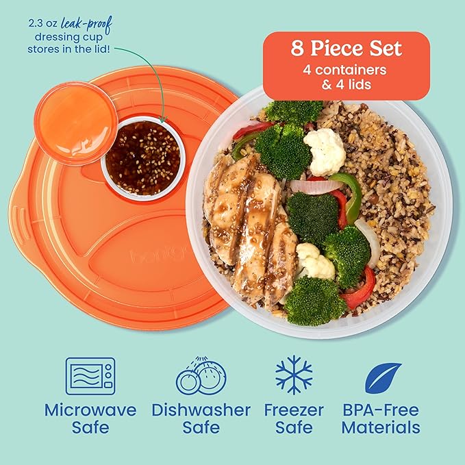 Bentgo Easyboxes Salad-to-Go Containers - 8-Piece Set: 4 Bowls, Leak-Proof Dressing Cups Built-In & 4 Fitted Lids Seal in Freshness; Reusable/BPA-Free for Salad, Pasta, & Cereal (Classic)