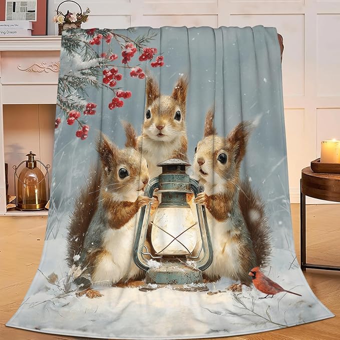 Squirrel Blanket Gifts for Girls Boys Christmas Winter Throw Blankets Cozy Plush Fleece Flannel Fuzzy for Women Men Decor 50"X40"