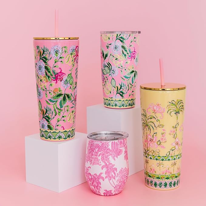 Lilly Pulitzer 12 Oz Insulated Tumbler with Lid, Yellow/Green Stainless Steel Travel Wine Glass, Double Wall Metal Cup (Palm Beach Toile)