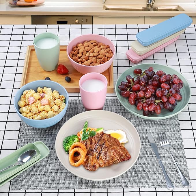 28PCS Kitchen Wheat Streaw Dinnerware Sets for 4, Wheat Straw Plates and Bowls Sets, College Dorm Dinnerware Dishes Set for 4 with Cutlery Set