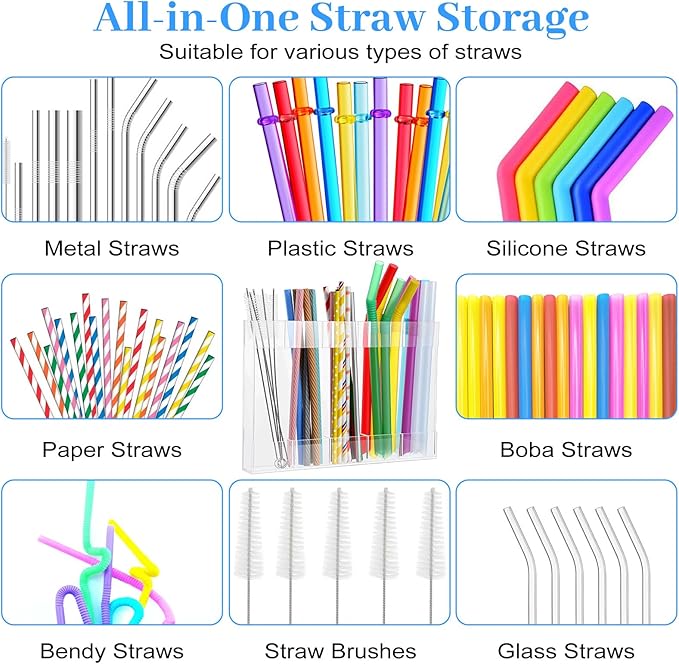 9.8" Large Acrylic Straw Holder for Cabinet Door with Ultra Sticky Double Sided Adhesive Tape, Reusable Straws Organizer, Transparent Storage Dispenser for Kitchen Counter Cupboard (2 Pcs)