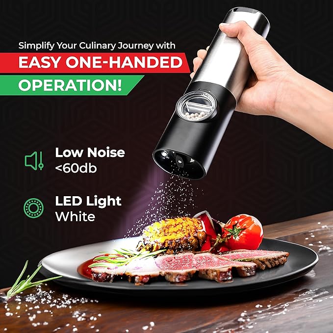 Salt and Pepper Shakers Set Electric with USB - Best Electric Salt and Pepper Grinder Set - Rechargeable Salt and Pepper Grinders - Automatic Salt and Pepper Grinder Set with LED Light - Salt Grinder