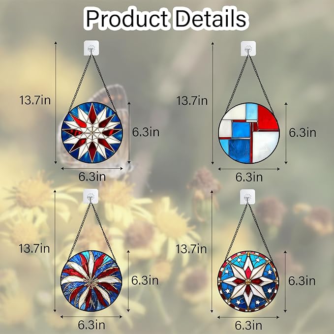 Stained Glass Window Hanging 4 Pcs Set Abstract Flowers in Red White Blue 6.3" - Suncatcher Door Garden Sun Catcher Decor Birthday Mother's Day Xmas Gift for Mom Woman Nana Men Parents