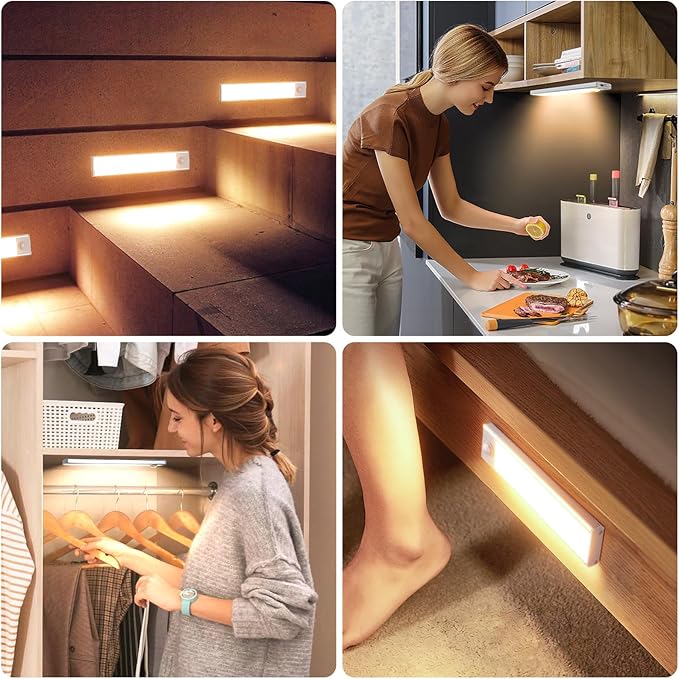 6 Pack Under Cabinet Lights Wireless, 58 LED Motion Sensor Light Indoor Rechargeable Magnetic Closet Lights Battery Operated, Under Counter Lights for Kitchen, Wardrobe, Stairs, Warm Light