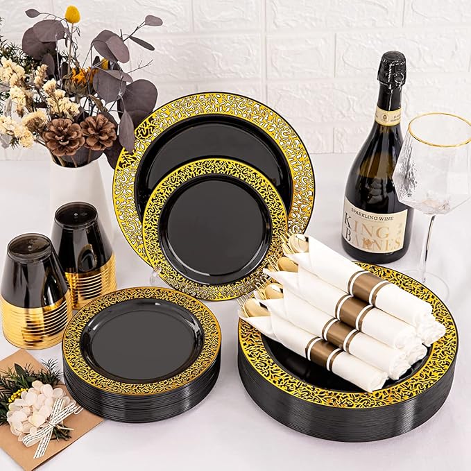 NOCCUR 210pcs Black and Gold Dinnerware Set - Black Disposable Plates and Napkins Party Supplies Include 60 Dinner/Dessert Plates, 30 Prerolled Plastic Cutlery&30 Cups for Party/Birthday/New Year