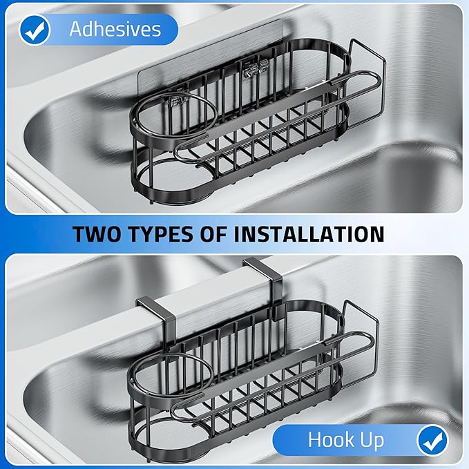 Cisily 3-in-1 Sponge Holder for Kitchen Sink Caddy (Hanging&Adhesive), Stainless Steel Movable Brush Holder + Dish Cloth Hanger, Hanging Sink Caddy Organizer, in Sink Organizer Accessories Rack