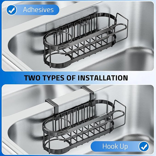 Cisily 3-in-1 Sponge Holder for Kitchen Sink Caddy (Hanging&Adhesive), Stainless Steel Movable Brush Holder + Dish Cloth Hanger, Hanging Sink Caddy Organizer, in Sink Organizer Accessories Rack