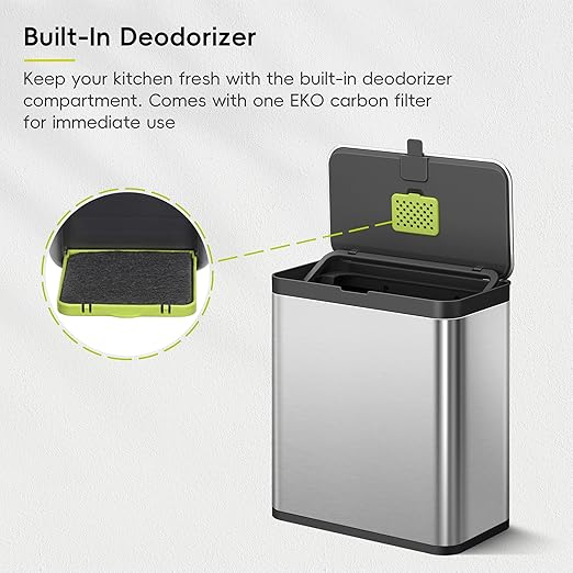 EKO Kitchen Compost Bin, 7L / 1.85 Gal Stainless Steel with Removable Inner Bucket and Deodorizer Compartment, 2-in-1 Countertop Compost Bin with Lid, Food Waste Caddy for Kitchen (MMT & Black Finish)