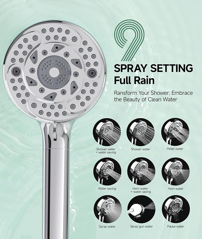 SunCleanse Filtered Shower Head with Handheld, 9-Spray Setting Detachable Showerhead with Filters, Shower Head for Hard Water - Filtered Chlorine, Improve Skin and Hair Texture, Chrome