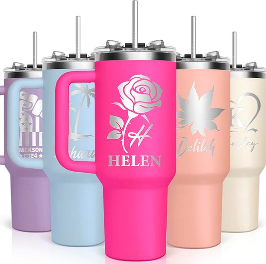 Personalized 40 Oz Tumbler with Handle and Straw Lid, Custom Stainless Steel Water Bottle Travel Mug with Names, Personalized Birthday Gifts for Mom Women Men Friend,Christmas (40 engraved)