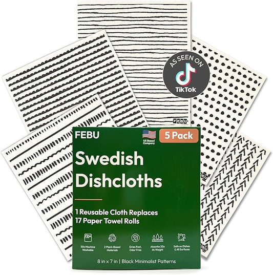 FEBU Swedish Dishcloths for Kitchen | 5 Pack Black Minimalist Reusable Paper Towels Washable | Swedish Dish Towels | Non-Scratch Cellulose Sponge Cloths | No Odor, Biodegradable Cleaning Cloths