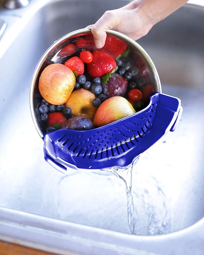 Clip-On Kitchen Food Strainer for Spaghetti, Pasta, Ground Beef Grease, Colander & Sieve Snaps on Bowls, Pots and Pans, Set includes Silicone Strainer, Brush & Garlic Peeler by Salbree (Dark Blue)