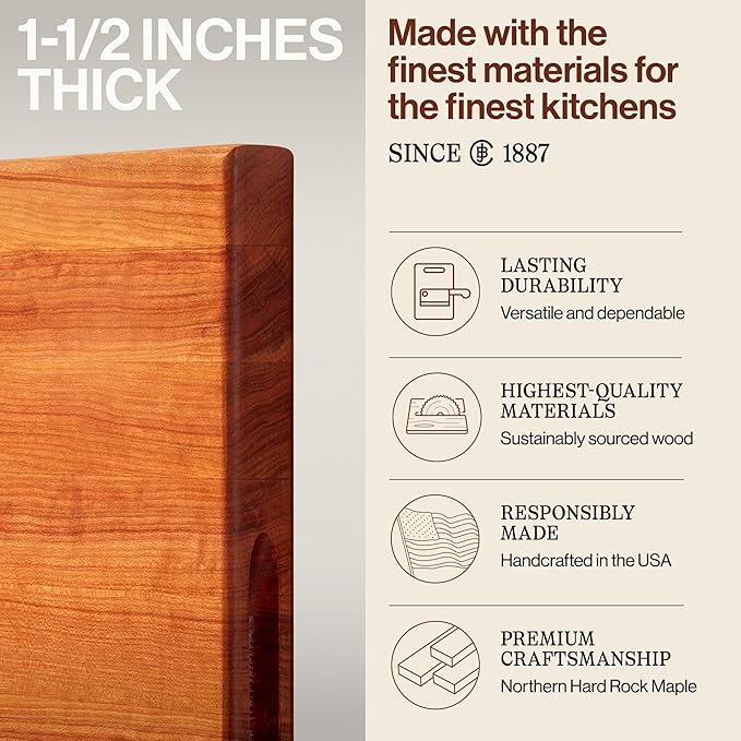 John Boos R-Board Series Rectangular Wooden Cherry Cutting Board 24”x18” – 1.5” Thick, 13.5-lb Reversible Butcher Block with Edge-Grain & Finger Grips – Made in the USA