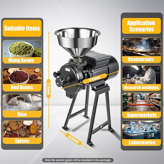 110V Electric Grain Mill, Electric Grain Grinder Stainless Steel Mill 1400R/m Small Electric Grain Grinding Machine Pulverizer Grinder Machine for Kitchen Dry Grains (Black/with Stand)