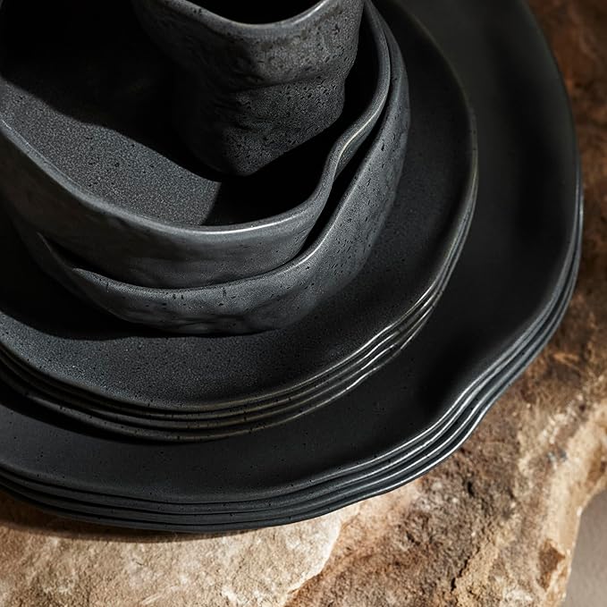 Stone by Mercer Project Atik Modern Stoneware 16-Piece Dinnerware Set, Plate and Bowl Set, Dish set for 4, Charcoal Black Speckled