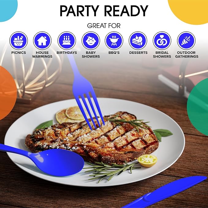 Party Solids Dark Blue Plastic Silverware Heavy Duty 150 Pieces Dark Blue Disposable Silverware Heavy Duty, Utensil Sets, 50 Of Each Forks, Knives & Spoons Disposable Cutlery Set For Party Supplies