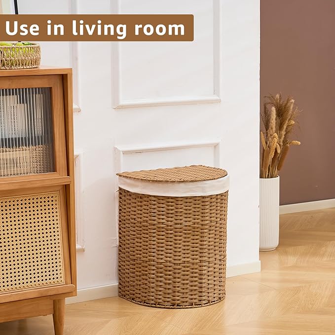 Wicker Half Moon Laundry Basket with Lid and 2 Replaceable Liner Bags, Handwoven Rattan Hamper for Dirty Clothes, Rattan, 60L
