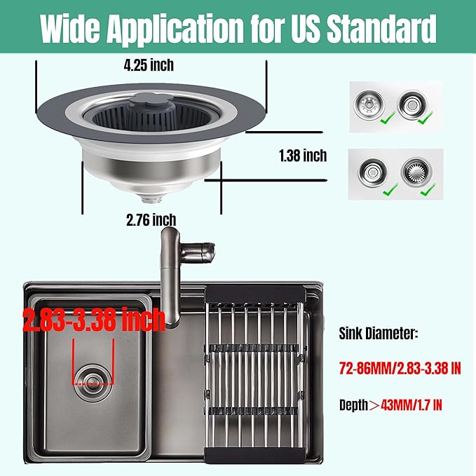 Kitchen Sink Drain Strainer Stopper 304 Stainless Steel 3 in 1 Sink Protectors Pop Up Anti-Clogging Kitchen Sink Stopper Basket Filter for US Standard 3-1/2 Inch Drain Cover