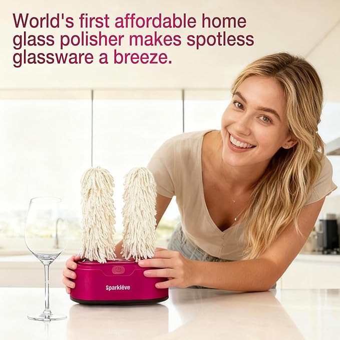 Home Glassware Polisher, World's First Affordable Spinning Glass Polisher, 600 RPM Dries and Polishes, All Glasses, Wine, Bar, Drinking, For Sparkling Glassware. Burgundy, Premium Painted