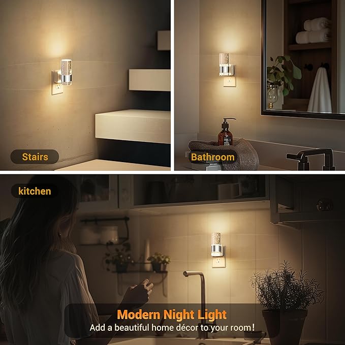 JandCase Night Light, Night Lights Plug into Wall,2 Pack 3000K Warm White LED Nightlight with Adjustable Brightness, Automatic Night Light Plug in with Light Sensor for Bathroom Hallway Room Decor