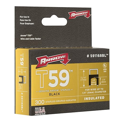 Arrow 591168 Genuine T59 Steel 1/4-Inch by 1/4 Crown Width Insulated Staples for Cable and Wiring, Black, 300 Count
