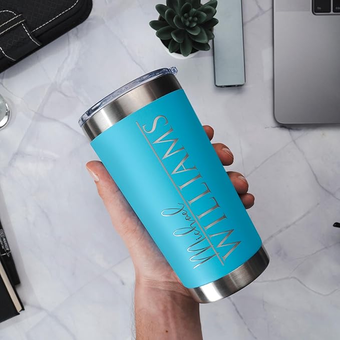 Personalized Tumblers, Stainless Steel 20 oz Tumbler w/Lid |13 Different Designs| Personalized Cups Double Walled Insulated Coffee Cup for Travel, Gym, Fitness | Hot and Cold Drink - Sky Blue