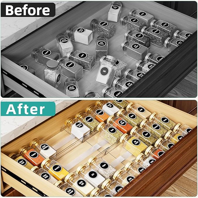 MIUKAA Acrylic Spice Drawer Organizer, 2 Tier - 4 Pack Seasoning Organizer for Drawer, Expandable From 13" to 26" Kitchen Drawer Spice Rack with Slip-Proof Mat (Jars not Included)