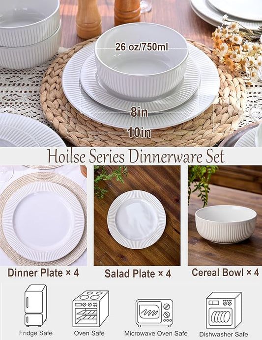 Ceramic Dinnerware Set for 4, 12-Piece Stoneware Plates and Bowls Set, Microwave & Dishwasher Safe, Lead-Free Scratch Resistant, 4 Different Dinner Plates & Soup Bowls (White)