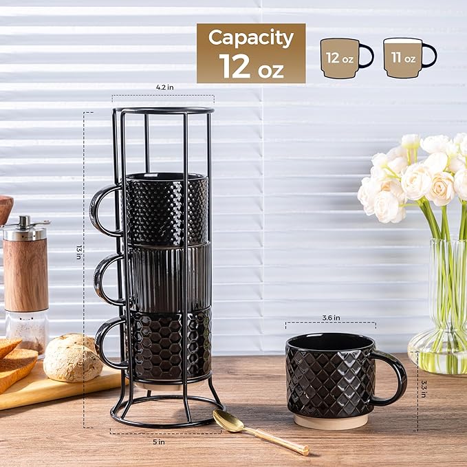 GBHOME 12OZ Stackable Coffee Mugs with Stand, Ceramic Coffee Mugs with Texture Patterns for Man,Woman,Dad,Mom, Modern Coffee Cups Set of 4 for Latte/Cappuccino/Cocoa. Dishwasher&Microwave Safe,Black