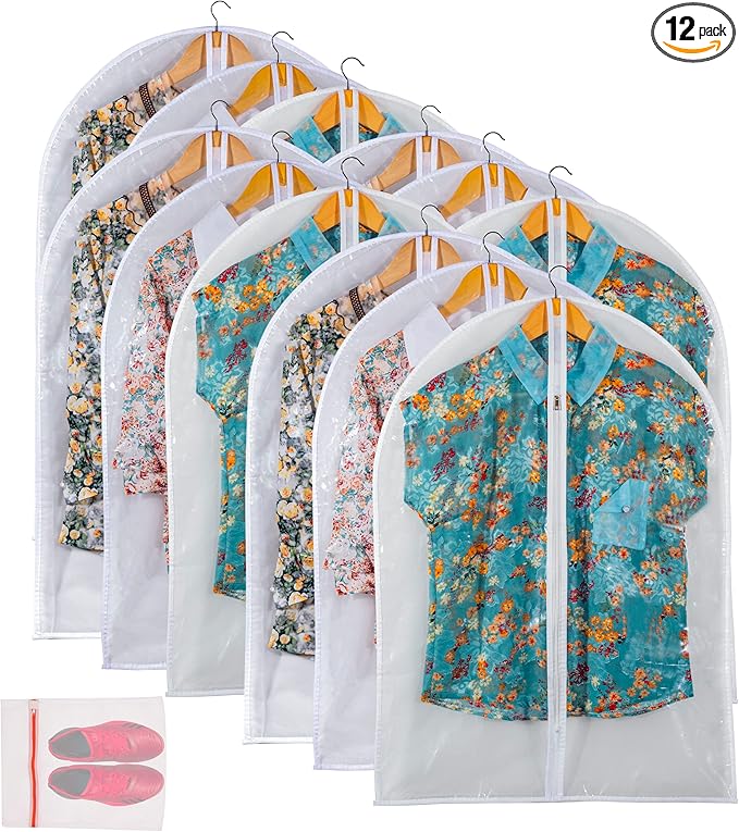 Clear Garment Bag Suit Bags for Closet Storage, Vinyl Garment Bags for Hanging Clothes, Short Hanging Bags Coat Covers for Closet with Zipper- 24'' X 32''/12 Pack