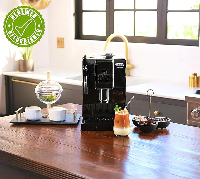 De'Longhi Dinamica Automatic Coffee & Espresso Machine, Iced-Coffee, Burr Grinder (Black) (Renewed)