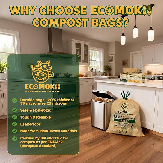 EcoMokii Compostable Trash Bags with Drawstring 13 Gallon, 60 Count, 49.2 Liter, 1.2 Mil Heavy Duty Extra Thick for Tall Kitchen Garbage Can, Compost Food Waste Bag, BPI (ASTM D6400)