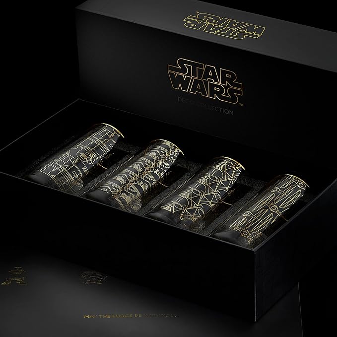 JoyJolt Star Wars Glassware. 'Deco' Highball Glasses Set of 4, 13.5oz Star Wars Glasses. Highball Glass Tumbler with Darth Vader in a Retro Crystal Glass Cup. Tall Drinking Water Glasses For Kitchen