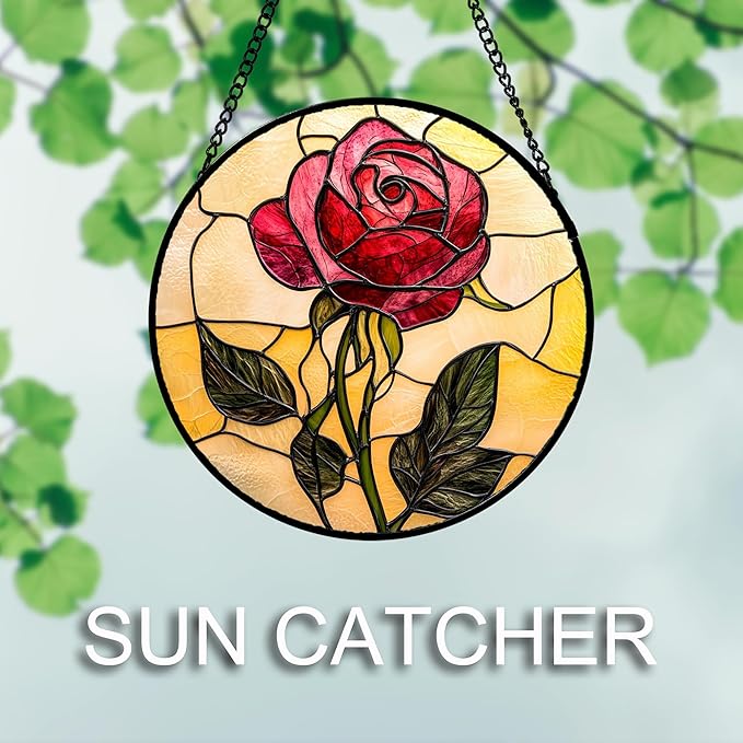 Stained Glass Window Hanging 4 Pcs Set Lily Rose Sunflower Poppy 7.8" - Flower Suncatcher Door Garden Sun Catcher Decor Birthday Mother's Day for Wife Woman Nana Girl