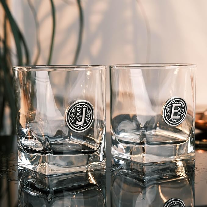 Personalized Whiskey Glass with Metal Initial – 10.5oz Premium Rocks Glass for Bourbon Scotch – Custom Engraved Letter Gift for Men Dad Groomsmen