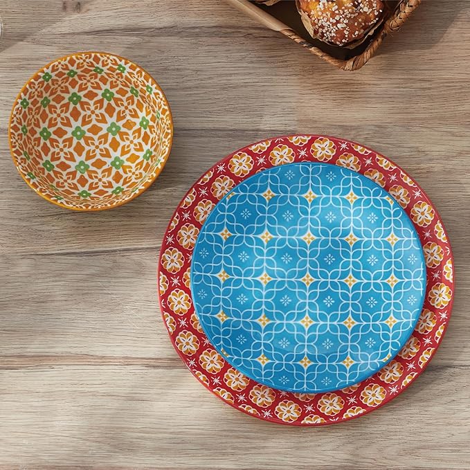 ONEMORE Ceramic Dinnerware Set, 12 Pieces Dish Sets for 4, Porcelain Plates and Bowls Sets, Microwave and Dishwasher Safe, Colorful