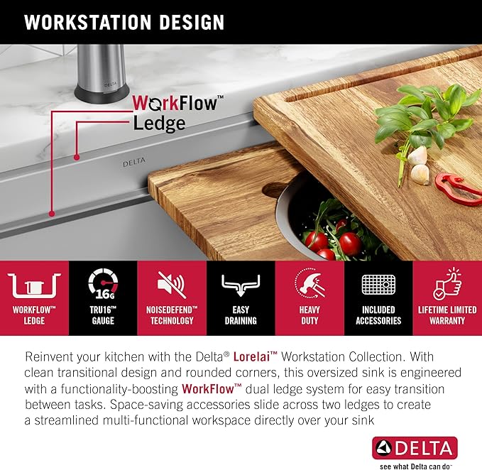 DELTA FAUCET Lorelai 45-inch Workstation Kitchen Sink Undermount 16 Gauge Stainless Steel Single Bowl with 2-Tier WorkFlow Ledge and Chef’s Kit of 11 Accessories, 95BA132-45S-SS