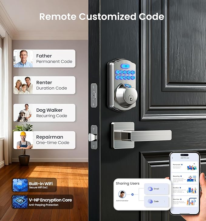 Veise VE012W-L Built-in WiFi Fingerprint Smart Lock with Lever Handle Set, App Remote Control, Keyless Entry for Front Door, Deadbolt Digital Backlit Keypad, Voice Assistant, Auto Lock, Satin Nickel