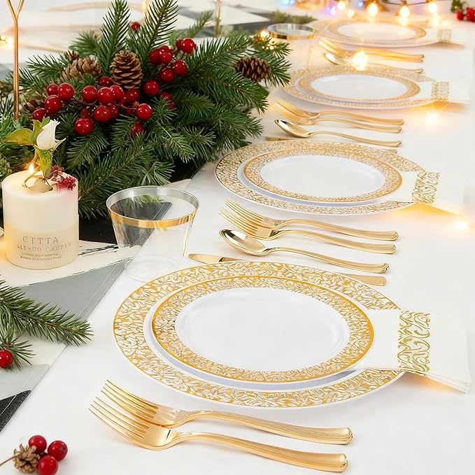 WELLIFE 350Pcs Gold Dinnerware Sets, Plates and Napkins Party Supplies Include:50 Dinner Plates, 50 Dessert Plates, 50 Paper Napkins, 50 Cups, 50 Gold Plastic Cutlery Set