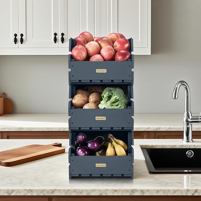 HABAU Wood Potato Onion Storage Bins - Wooden Stackable Produce Basket - Fruit Vegetable Storage for Kitchen Pantry Organization, Set 3 Pieces