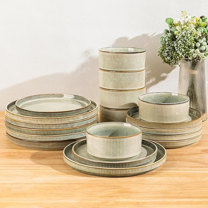 GBHOME Stoneware Dinnerware Sets for 4,Round Reactive Glaze Ceramic Plates and Bowls Set, Highly Scratch Resistant | Dishwasher & Microwave Safe Dishes Set,Service for 4(12Pcs),Desert Sage