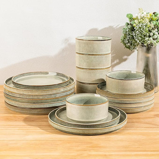 GBHOME Stoneware Dinnerware Sets for 4,Round Reactive Glaze Ceramic Plates and Bowls Set, Highly Scratch Resistant | Dishwasher & Microwave Safe Dishes Set,Service for 4(12Pcs),Desert Sage