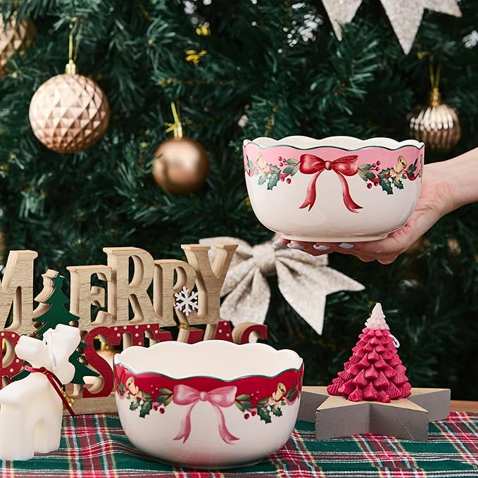 Bico Ribbon Christmas Cereal Bowls Set of 4, 26 oz Deep Ceramic Soup Bowls for Cereal, Salad, Noodles, Kitchen, Microwave and Dishwasher Safe, Gift for Housewarming and Christmas