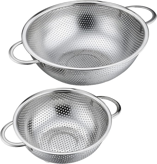 P&P CHEF Stainless Steel Colander, Micro-Perforated Food Strainer with Handle for Washing Draining, Great for Pasta Fruits Vegetables, Dishwasher Safe & Healthy, 1 +3 Qt, 2Pcs