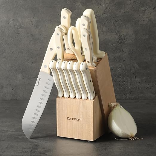 Kenmore Kane 14-Piece Stainless Steel Kitchen Knife Block Set – Triple Rivet ABS Handles, Cream White – Chef, Bread, Utility, Paring, Steak Knives & Kitchen Shears in Wood Storage Block