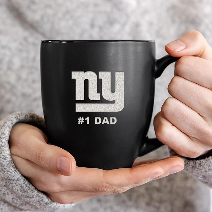 Rico Industries NFL Football #1 Dad 15oz Laser Engraved Matte Black Ceramic Bistro Mug - for Hot or Cold Drinks