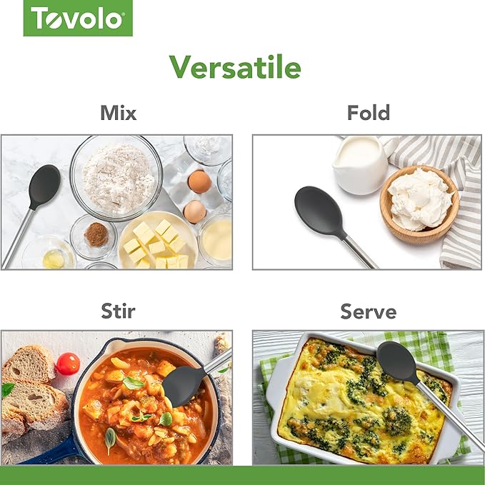 Tovolo Mixing Spoon Stainless Steel Handle Scratch Resistant Non Stick Safe Kitchen Utensil for Cooking Baking Serving Stirring, Heat Resistant Silicone Stirring Spoon with Metal Handle Pesto Green