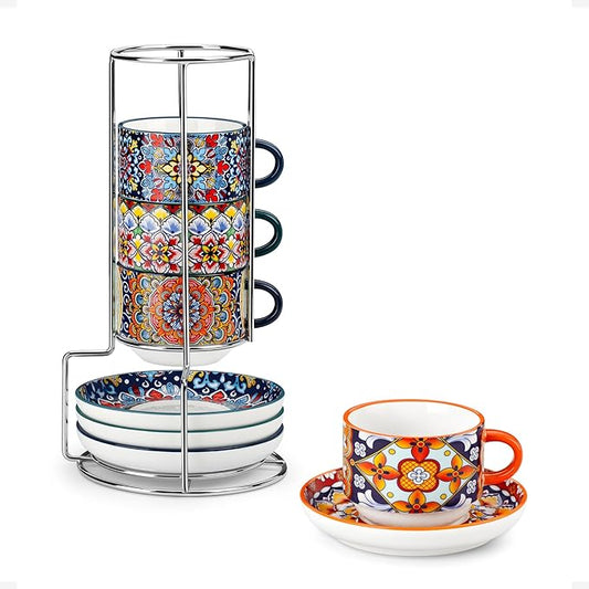 vancasso 4 Oz Stackable Espresso Cups with Saucers and Metal Stand Set of 4,Bohemian Ceramic Cappuccino Cups - Microwave and Dishwasher Safe, Perfect For Tea, Espresso, Latte, Cafe-02