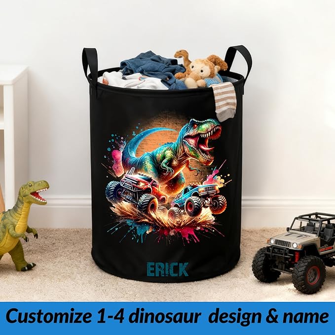 callie Personalized Dinosaur Gifts Truck Laundry Basket for Boys, Waterproof Collapsible Kids Laundry Hamper, Clothes Toys Storage Bin for Bedroom (13.8" x 16.5", 15.7" x 19.6")