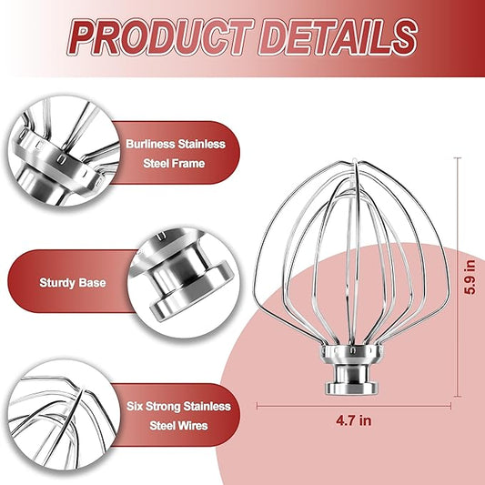 Dishwasher Safe 6 Wire Whisk,Upgrade Real Stainless Steel 6 Wire Whip Attachment for Kitchen aid Mixer,Replace K45WW Whisk Fits Kitchen aid 4.5-5 QT Tilt-Head Stand Mixer,Fast Whipping,No Aluminum